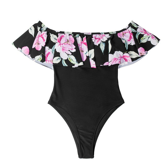 Off Shoulder Ruffled Floral One-Piece Monokini - Snark-Wear