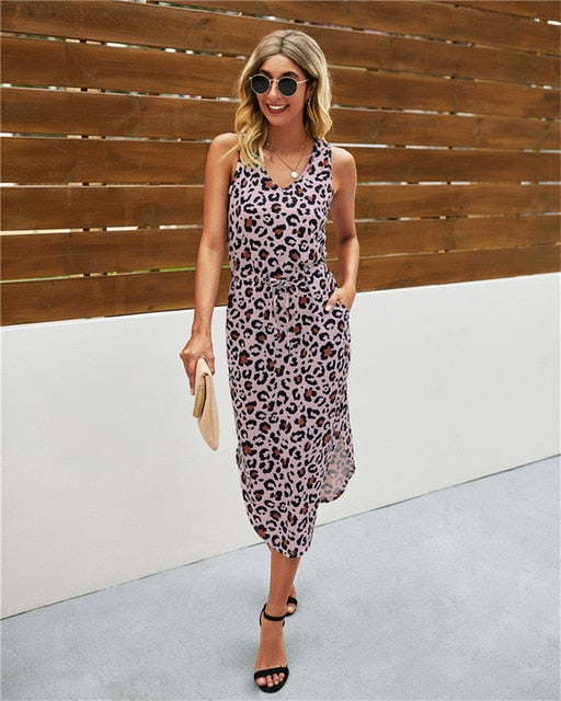 Leopard Print V-Neck Sleeveless Dress - Snark-Wear